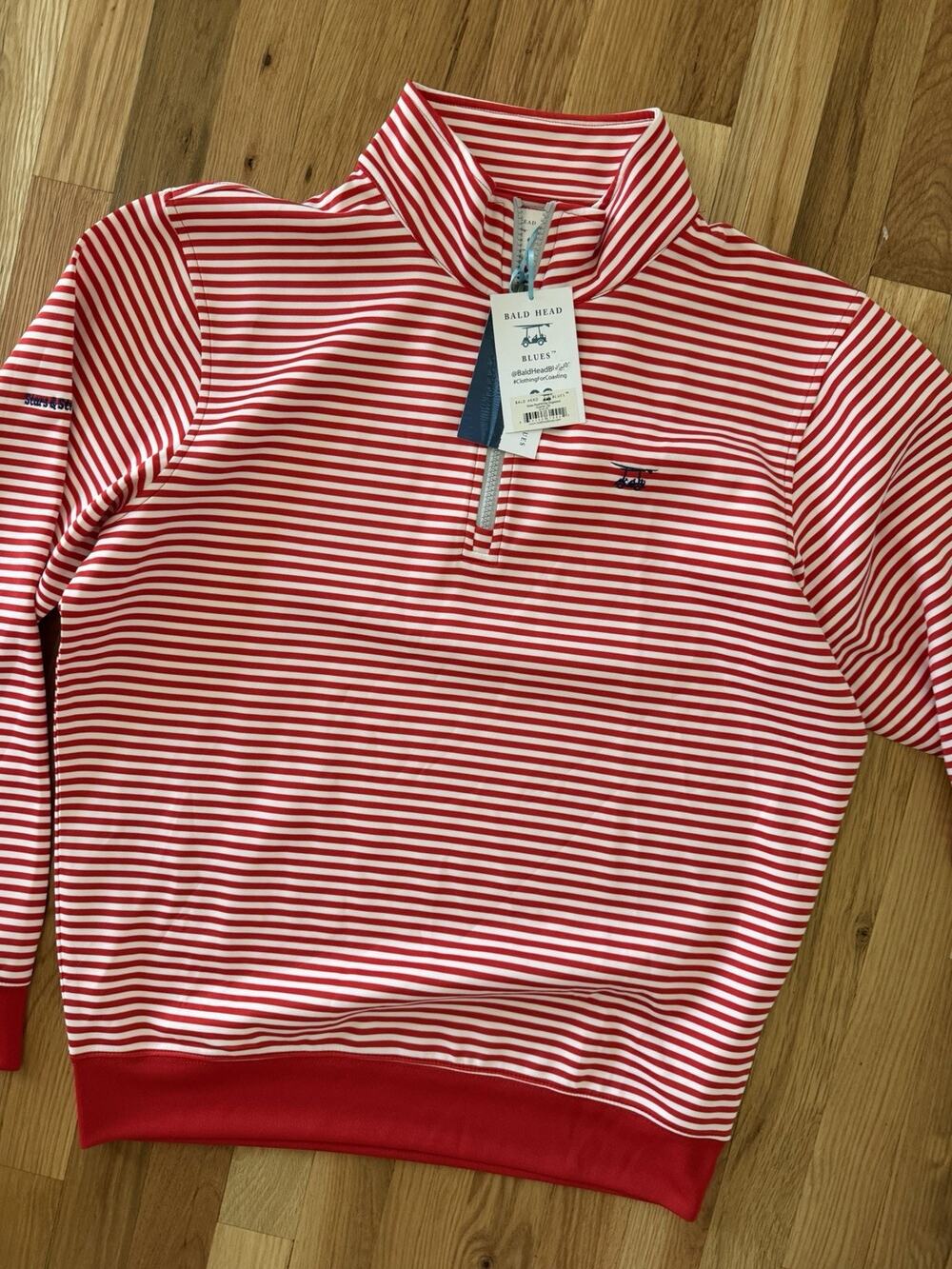 Bald Head Blues Pullover Men Sz L 1/4 Zip Performance Golf Striped Red NWT